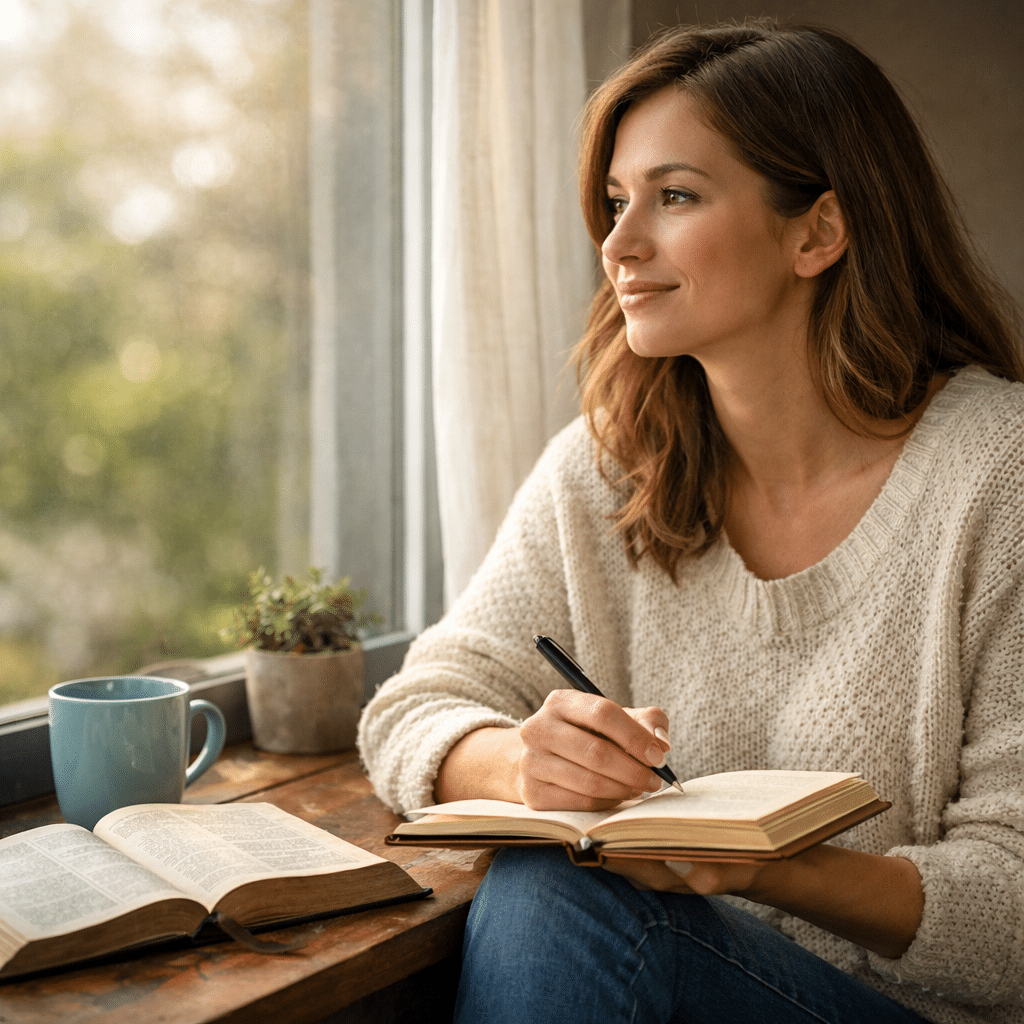 Single Christian woman journaling by a window with a Bible nearby, reflecting on loneliness, hope, and healing in Christ.