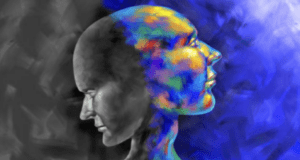 A painting of two faces on the same head, one facing darkness and sad, the other facing light and happy.