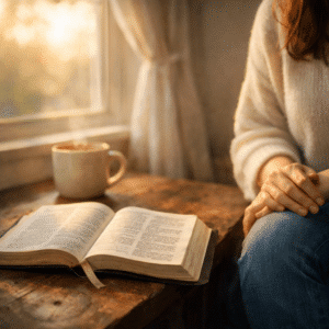 A quiet, hopeful image of a person sitting with an open Bible and soft morning light, conveying reflection, grace, and healing.