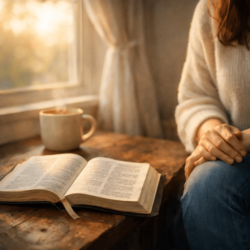 A quiet, hopeful image of a person sitting with an open Bible and soft morning light, conveying reflection, grace, and healing.
