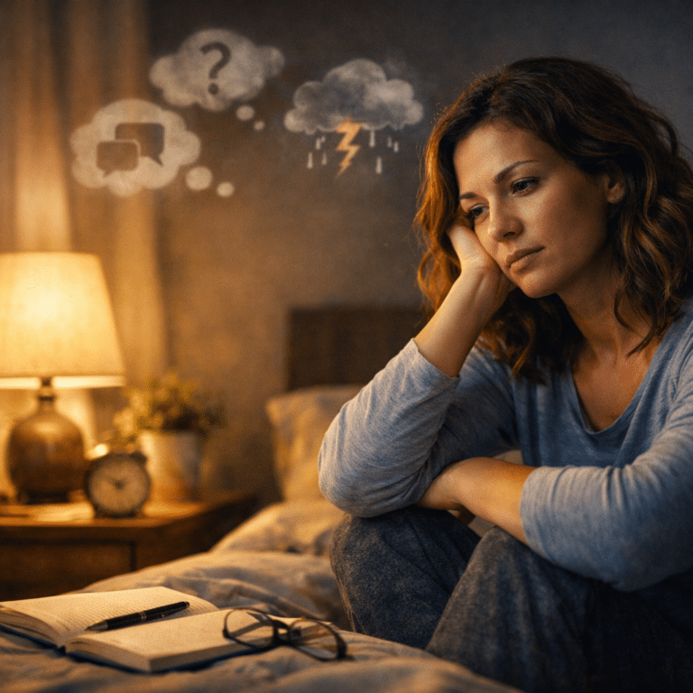 Person sitting awake at night feeling overwhelmed by overthinking