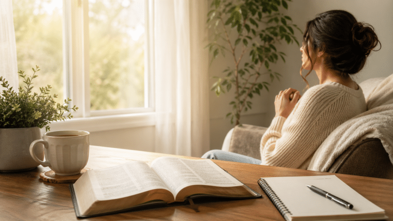 Bible, journal, and tea beside a window representing peaceful habits for anxiety care