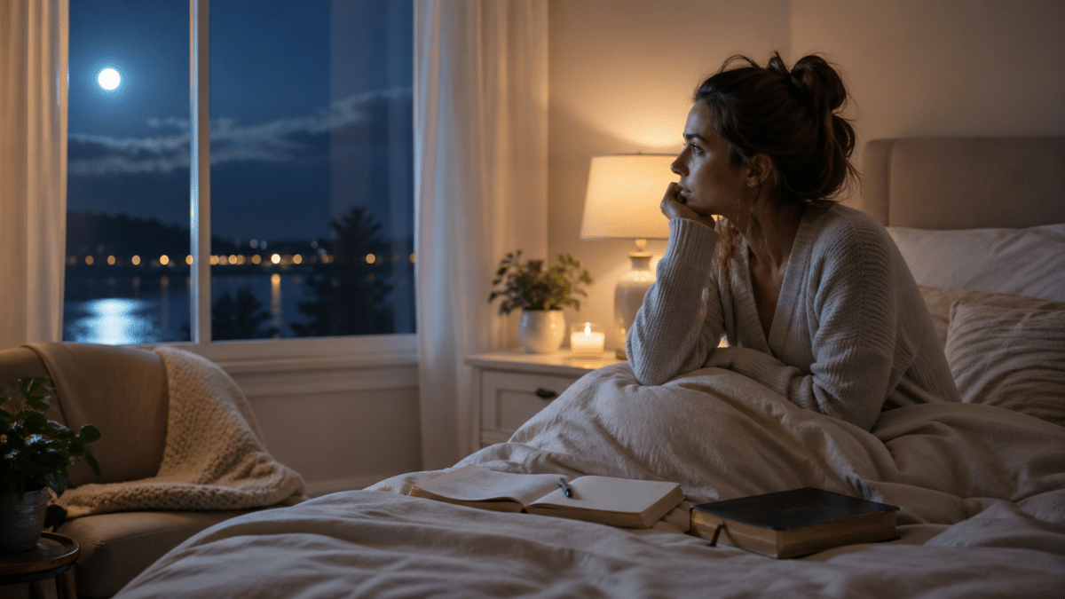 Person journaling beside a Bible before bed to calm nighttime anxiety