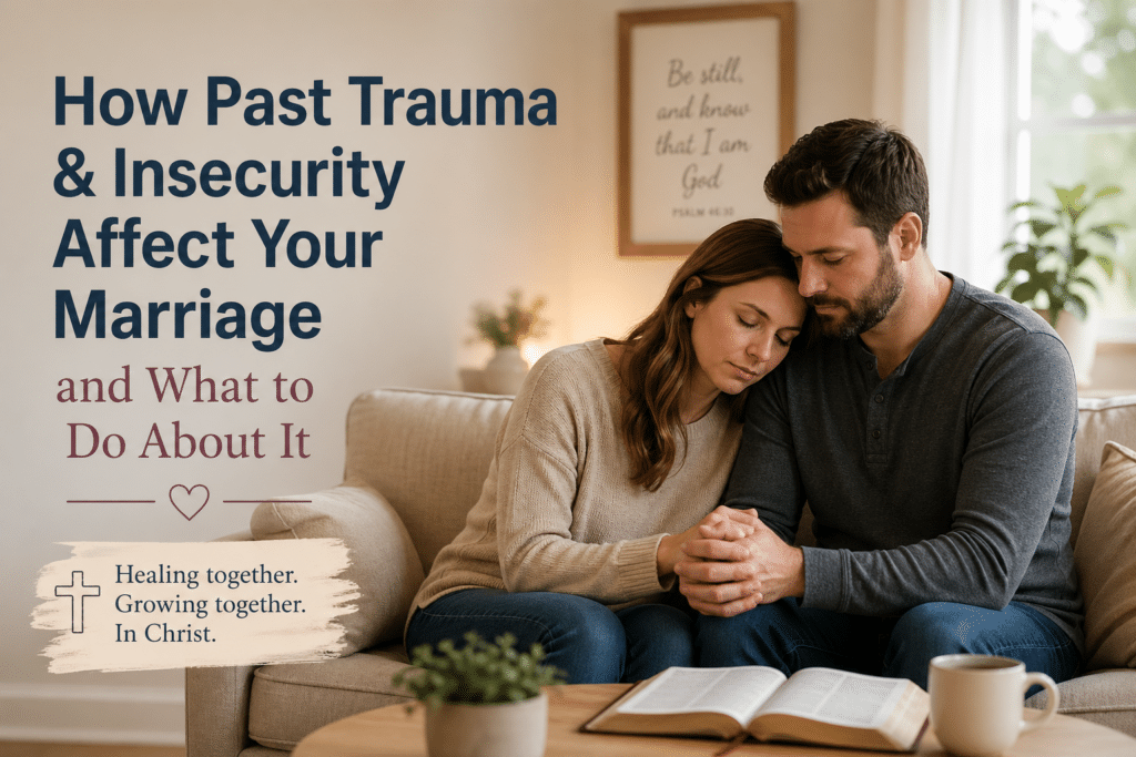 Married couple holding hands while working through trauma and insecurity together