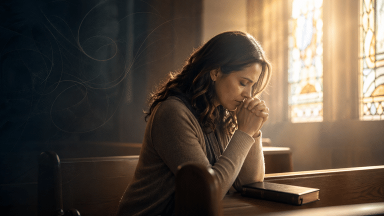 Christian woman praying in church while quietly struggling with anxiety