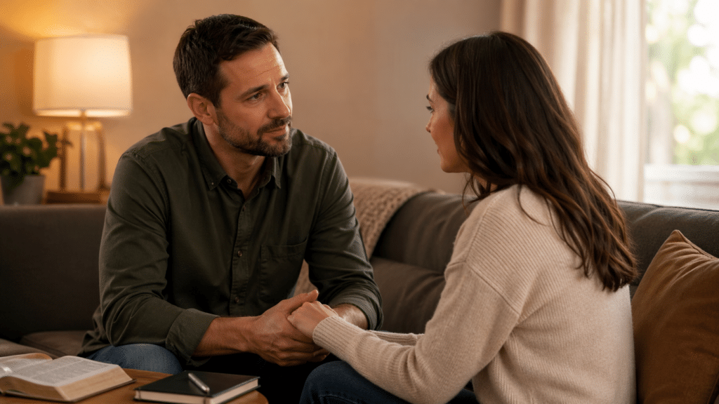 Christian couple beginning a hard conversation after broken trust
