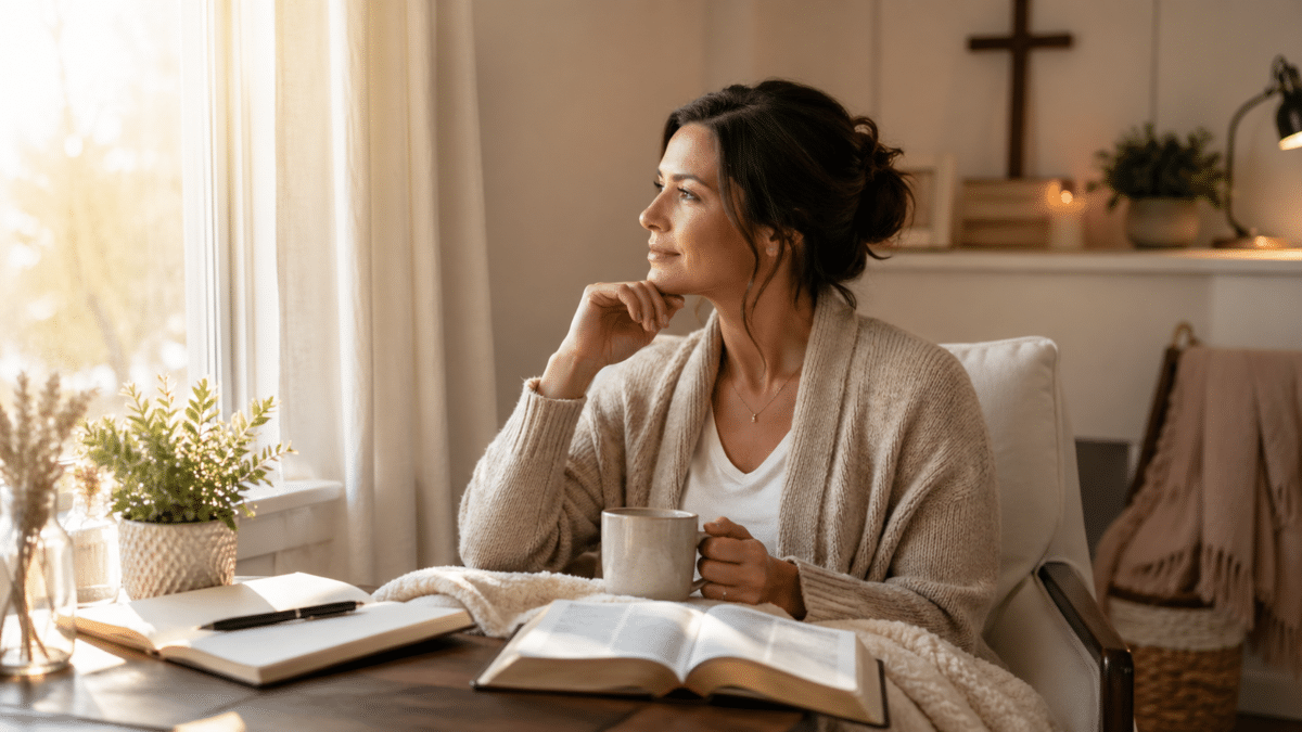 Christian reflecting with Bible and journal while discerning anxiety and spiritual distress.