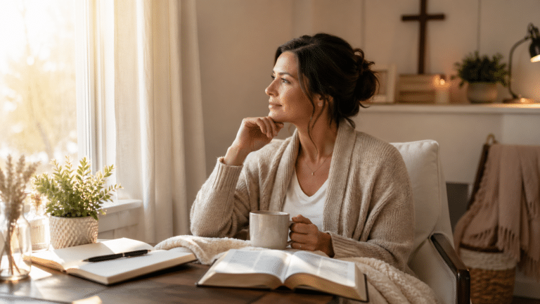 Christian reflecting with Bible and journal while discerning anxiety and spiritual distress.