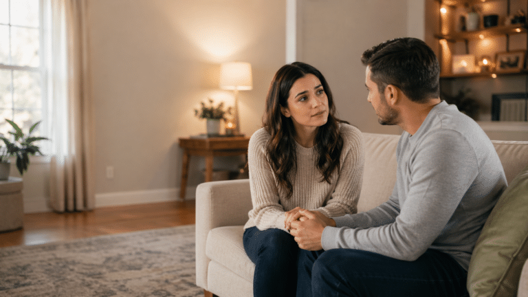 Married couple holding hands while talking about anxiety together
