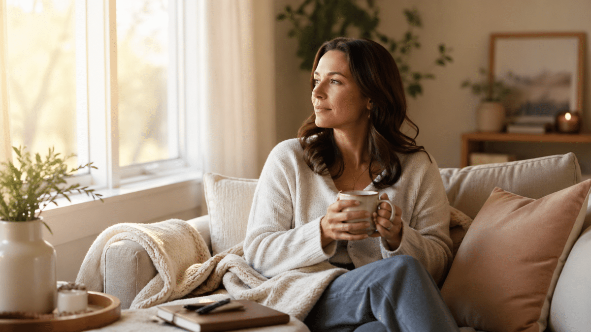 Woman reflecting at home while learning to feel safe and speak honestly