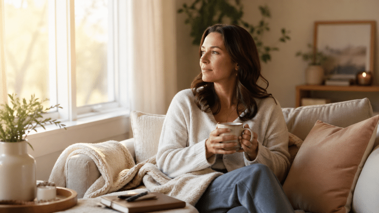 Woman reflecting at home while learning to feel safe and speak honestly